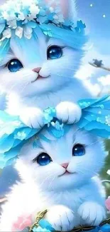 Two cute kittens with floral crowns in digital art.