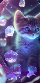 Cute kittens surrounded by glowing crystals with a purple hue.