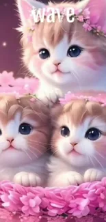 Three fluffy kittens with pink floral crowns in a basket.