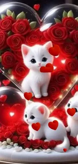 White kittens with red roses and hearts, perfect for a romantic wallpaper.