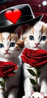 Cute kittens with red roses and hats in a romantic setting.