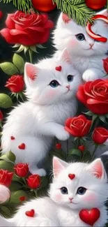 White kittens playfully nestled among vibrant red roses with festive decor.