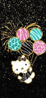 Cute kitty with colorful balloons on a sparkling black background.