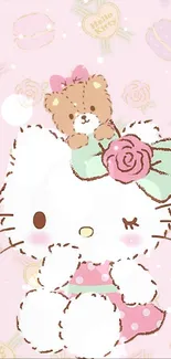 Hello Kitty and teddy bear on pastel pink wallpaper.