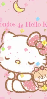 Cute Hello Kitty and bear on pink background with stars and moon.