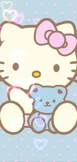 Hello Kitty with teddy on pastel blue background.