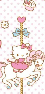 Cute kitty on a carousel horse in pink hues.