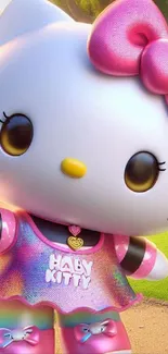 Cute cartoon of kitty with pink bow and colorful outfit.