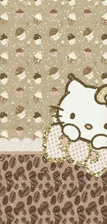 Adorable kitty with cupcake design on beige wallpaper.