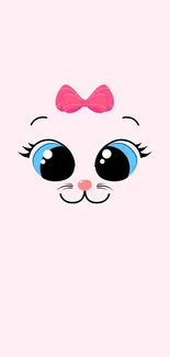 Minimalistic wallpaper featuring a cute kitty face with a pink bow on a light pink background.