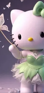 Cute cartoon kitty in a fairy costume holding a butterfly wand.