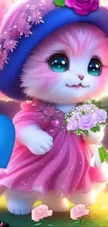 Cute kitty in floral hat with roses and butterflies.