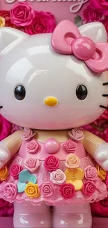 Hello Kitty figurine in a floral dress with a rose background.