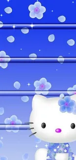 Adorable mobile wallpaper with a cute kitty and floral design on a blue background.