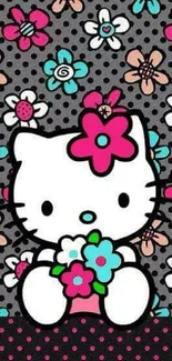 Cute kitty surrounded by floral patterns on gray background.