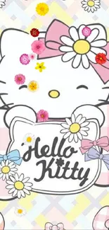 Hello Kitty mobile wallpaper with flowers and pastel colors.