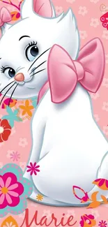 White kitten with pink bow and floral pattern on pink background.