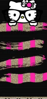 Cute kitty wallpaper with pink and gold stripes on a black background.