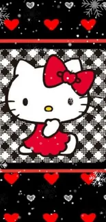 Cute kitty with red bow and heart pattern wallpaper.