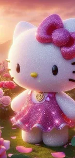 Adorable kitty in a sparkly pink dress in a rose-filled magical garden.