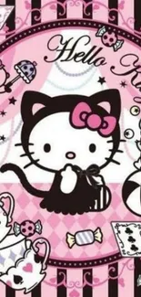 Hello Kitty wallpaper in pink and black with cute decorations.