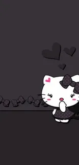 Cute kitty wallpaper with bows and hearts on a dark background.