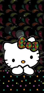 Cute kitty wallpaper with colorful bow on black background.