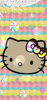 Pastel kitty face with candy design background.