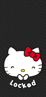 Cute cartoon kitty with red bow on dark background.