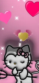 Cute kitty with pink and gold hearts on a vibrant background.