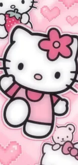 Adorable pink wallpaper featuring a cute cartoon kitty with hearts and a flower bow.