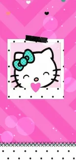 Cute pink wallpaper with a cartoon kitty and teal bow.