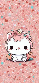 Adorable kawaii cat with pastel hearts background.