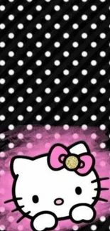 Cute kitty with bow on polka dot wallpaper.