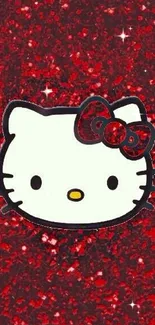 Cute kitty face on red glitter wallpaper.