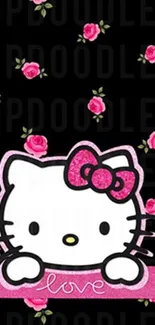 Adorable kitty with pink roses and bow on a black background.