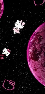 Cute kitty in space with pink planets and stars.