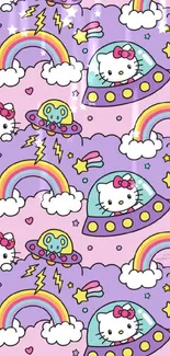 Cute kitty wallpaper with rainbows, spaceships, and pastel colors in a playful pattern.