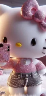 Cute kitty with sparkling pink attire and phone in fluffy room.