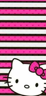 Hello Kitty wallpaper with pink and black stripes.