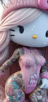 Tattooed Hello Kitty in pink outfit with snowflakes.