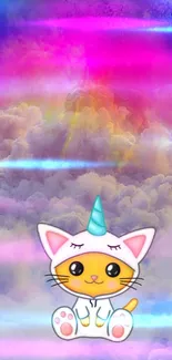 Cartoon cat with unicorn horn on colorful clouds.