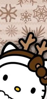 Cute cartoon kitty with antlers on brown snowflake background.