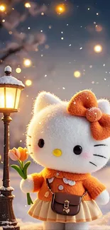 Cute kitty in winter scene with lanterns and snow, holding a flower.