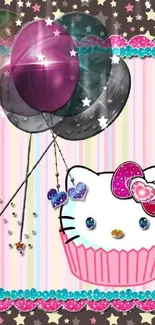 Cute kitty in cupcake with balloons on colorful striped background.