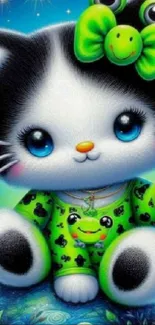 Adorable cartoon kitten with blue eyes and green outfit on a colorful background.