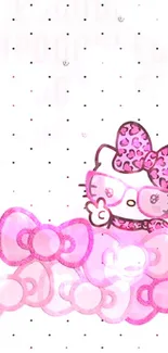 Cute kitty with pink bows and leopard print accessories on a polka dot background.