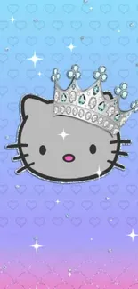 Cute kitty with jewel crown on blue-pink gradient background.