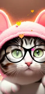 Cute cat with glasses in pink bunny outfit.