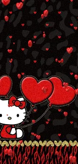 Cute kitty holding red heart balloons on black wallpaper.